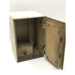 Small Victorian cast iron safe, the single door and sides with moulded decoration, interior fitted with documents division and small drawer, with key, W30cm, HH46cm, D30cm