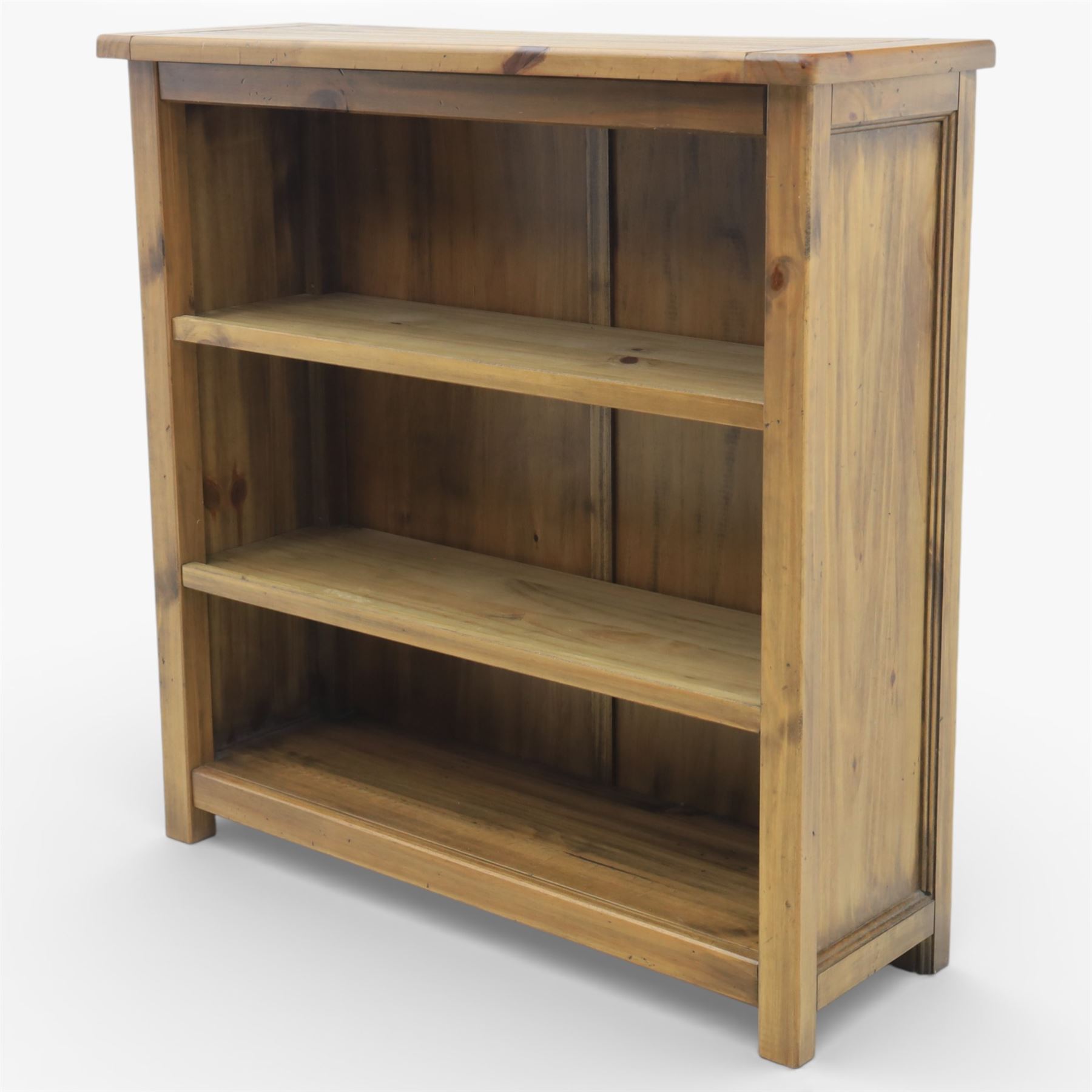Contemporary pine open bookcase, fitted with two shelves
