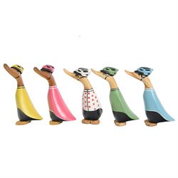Dcuk, five wooden ducks, in cycling outfits and helmets, H20cm