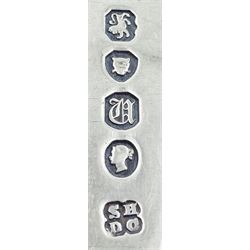 Seven silver Fiddle pattern forks with engraved initials to terminals, comprising set of five Victorian examples, hallmarked John Stone, Exeter 1845, a William IV example, hallmarked William Rawlings Sobey, Exeter 1836, and a Victorian example, hallmarked Samuel Hayne & Dudley Cater, London 1855, approximate weight 10.03 ozt (312 grams)