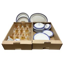 Set of twelve wine glasses with amber stems, four further smaller similar, together with collection of Losol Ware blue and white dinner wares and other ceramics and glassware in two boxes