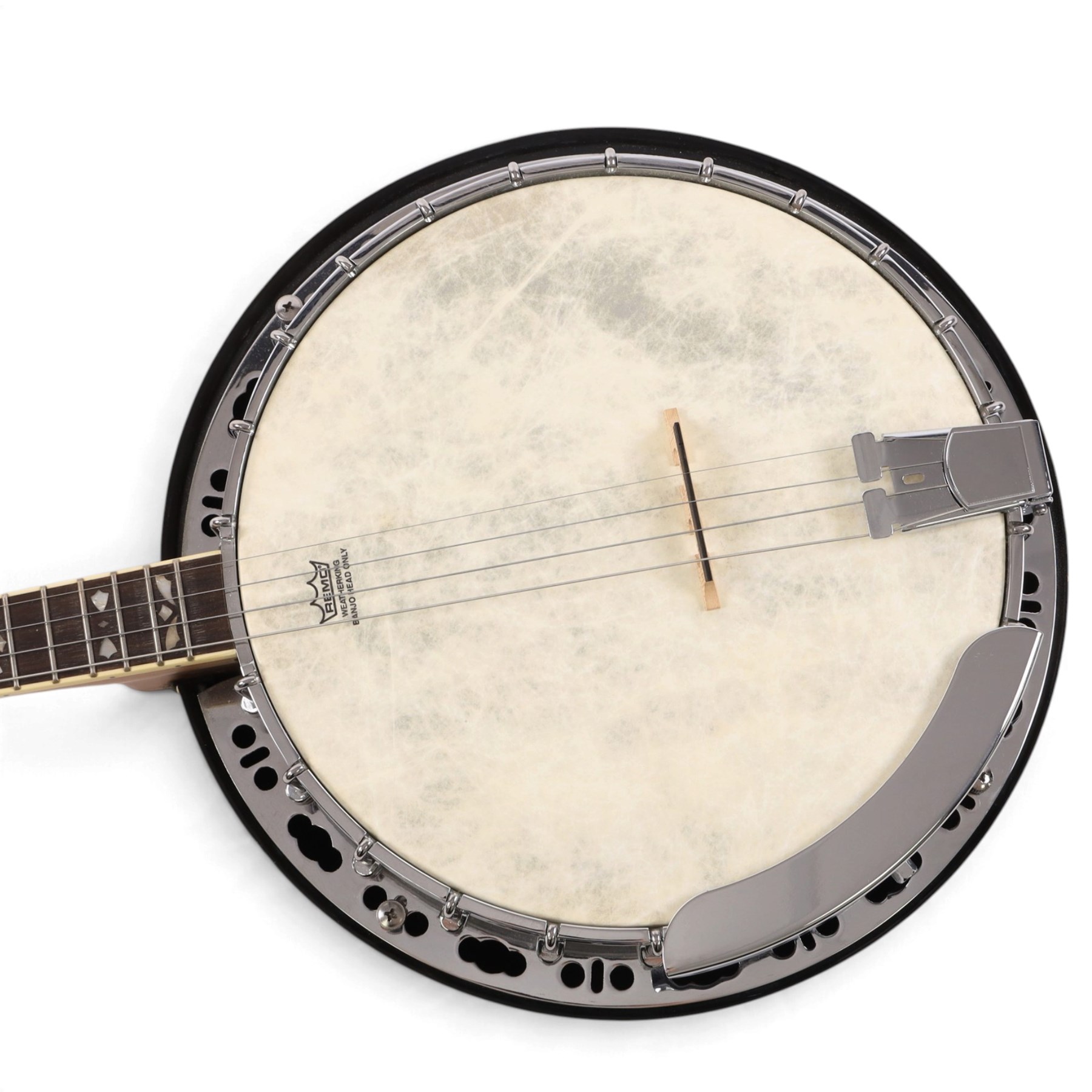 Barnes & Mullins Troubadour four string banjo, with Remo head and mother of pearl inlay to fretboard, in cardboard box, banjo L80cm
