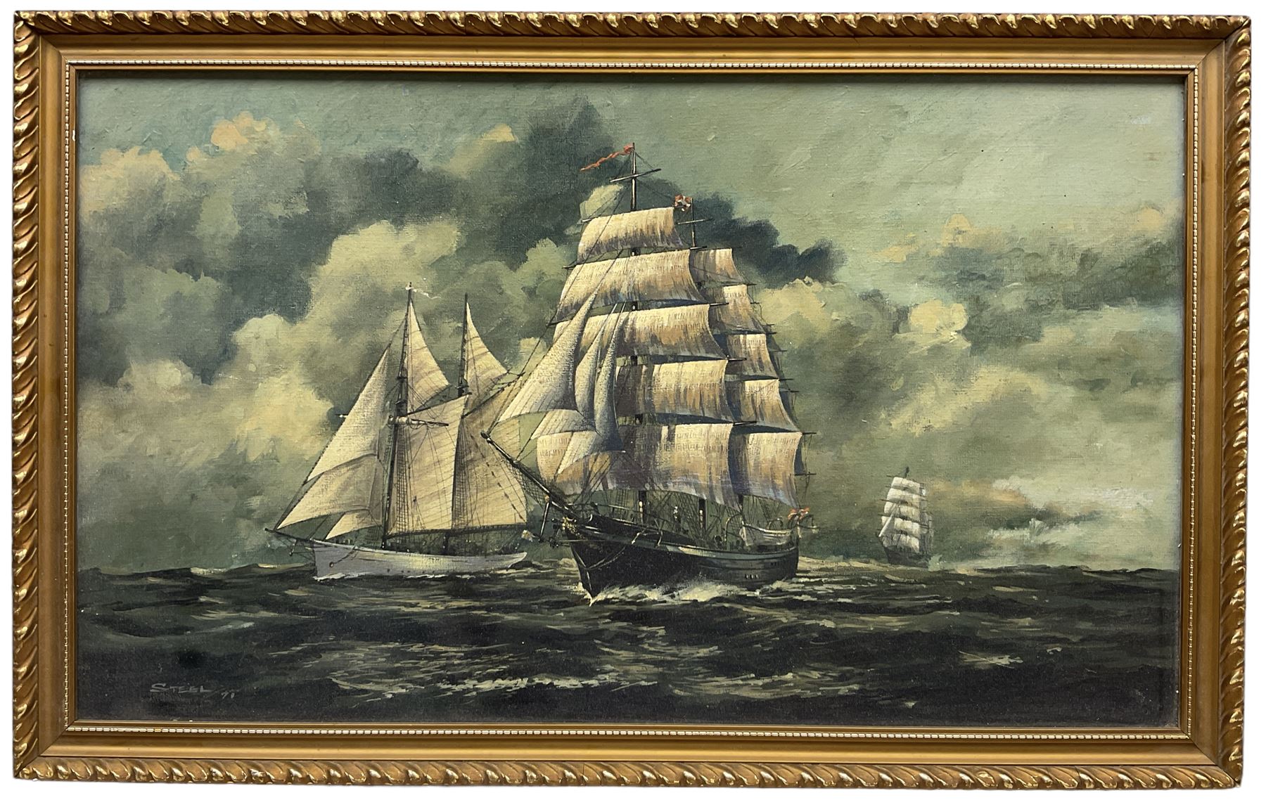 Roger Steel (British Mid-20th century): '1956 Tall Ships Race' - the Swedish 2-masted gaff schooner 'Gladen' and the Danish fully rigged 'George Stage II', oil on board signed and dated '71, labelled verso 30cm x 50cm