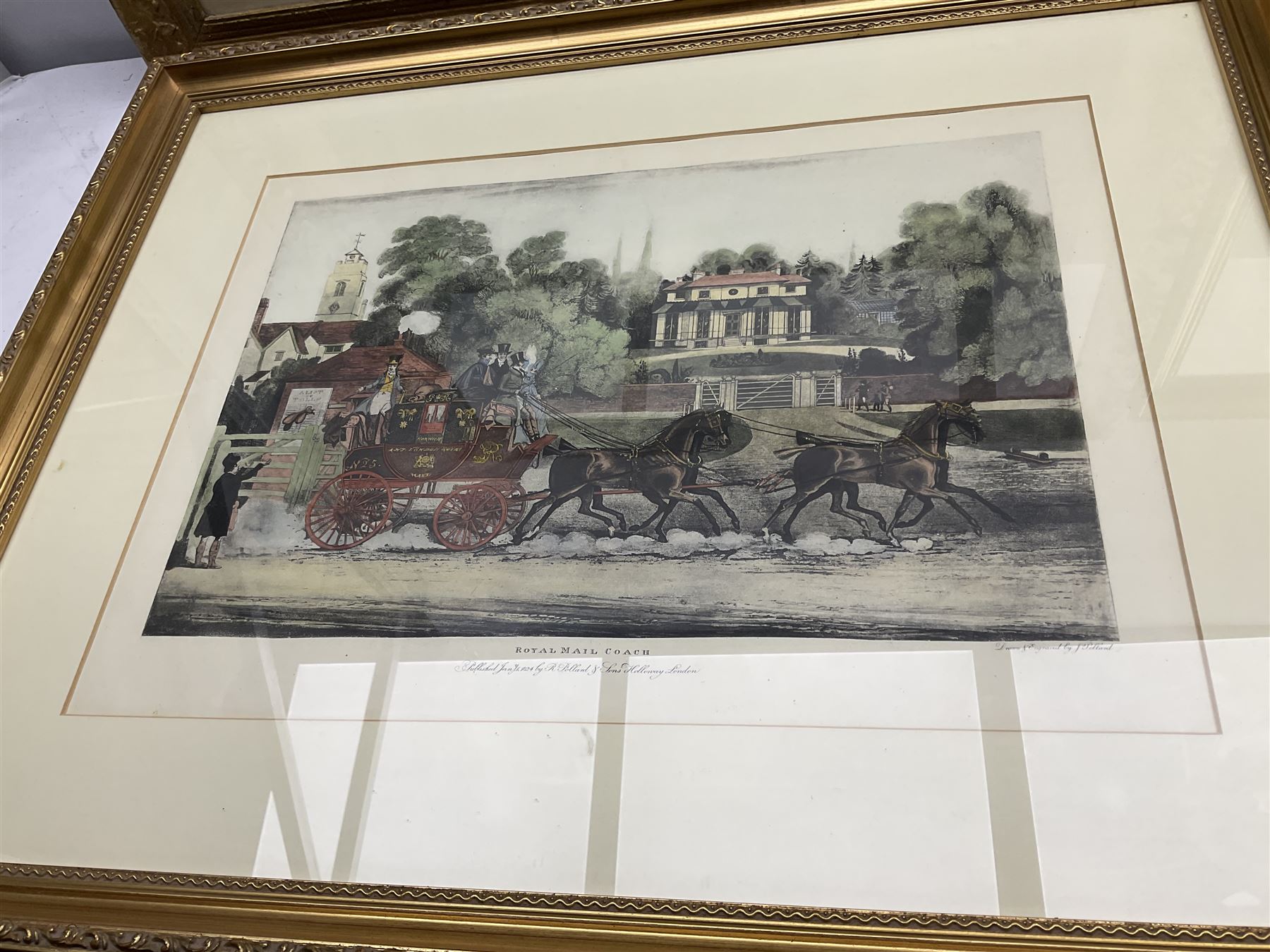 After James Pollard (British 1792-1862): 'The Taglioni Windsor Coach'; 'Royal Mail Coach'; 'The Royal Mails Preparing to Start' and 'The Unicorn Norwich Coach', set four 19th coloured engravings pub. 1824-1837 max 43cm x 59cm (4)