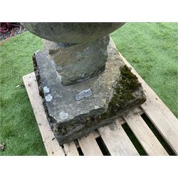 17/18th century stone font on square plinth - THIS LOT IS TO BE COLLECTED BY APPOINTMENT FROM DUGGLEBY STORAGE, GREAT HILL, EASTFIELD, SCARBOROUGH, YO11 3TX