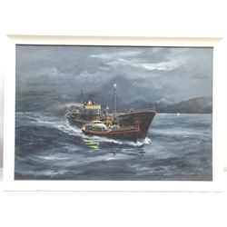 Harry Berry (British 1905-1994): Leith Trawler 'Netta Croan' Aided by the Aberdeen Lifeboat, oil on canvas signed, dated 1974 verso 55cm x 80cm, together with a photograph of the Endeavour returning to Whitby 39cm x 39cm (2)