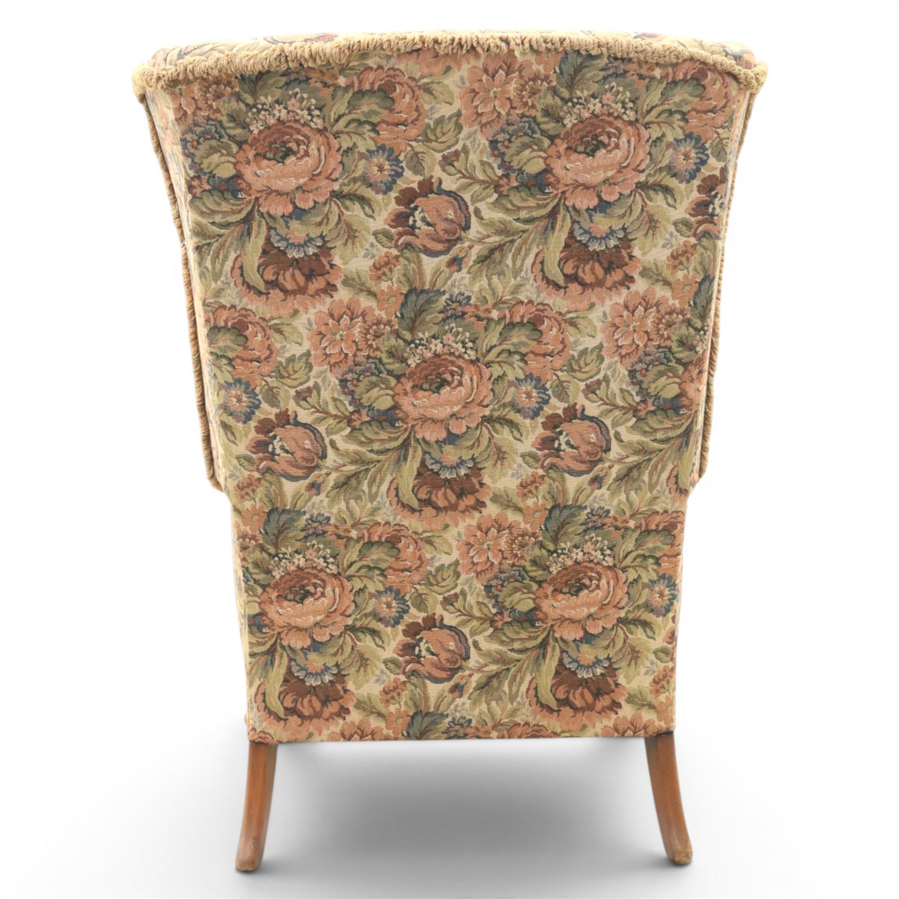 Parker Knoll - pair of mid-20th century wing back armchairs, upholstered in tapestry fabric, raised on cabriole legs