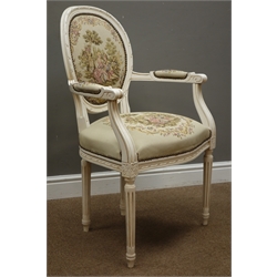  French style ivory finish armchair with cameo back, upholstered in tapestry fabric  