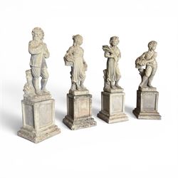 The Four Seasons - set of four traditional cast stone garden figures, in a weathered finish, stamped 'Lucas'