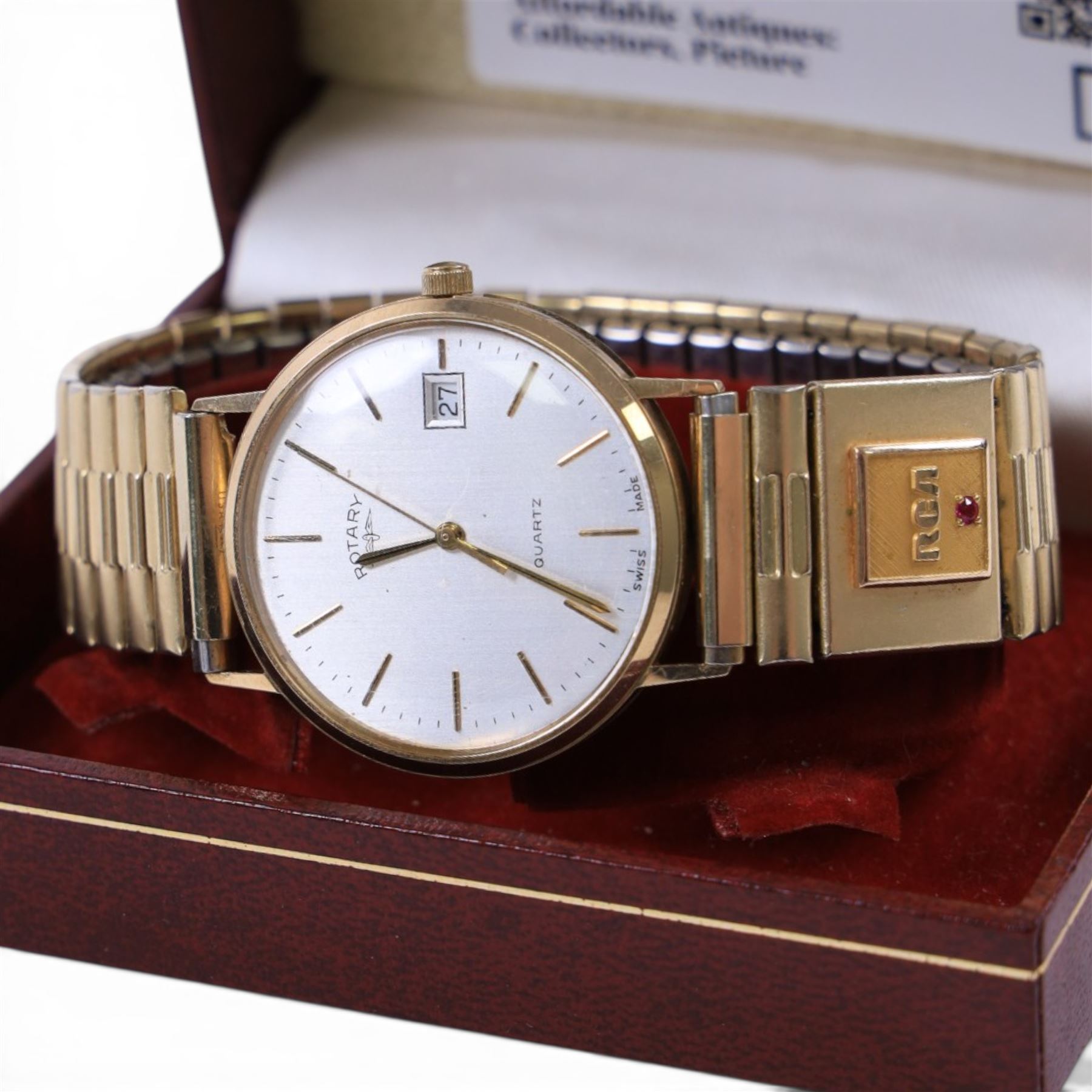 9ct gold cased gentlemans Rotary quartz wristwatch, with presentation engraving verso, on gilt strap, boxed