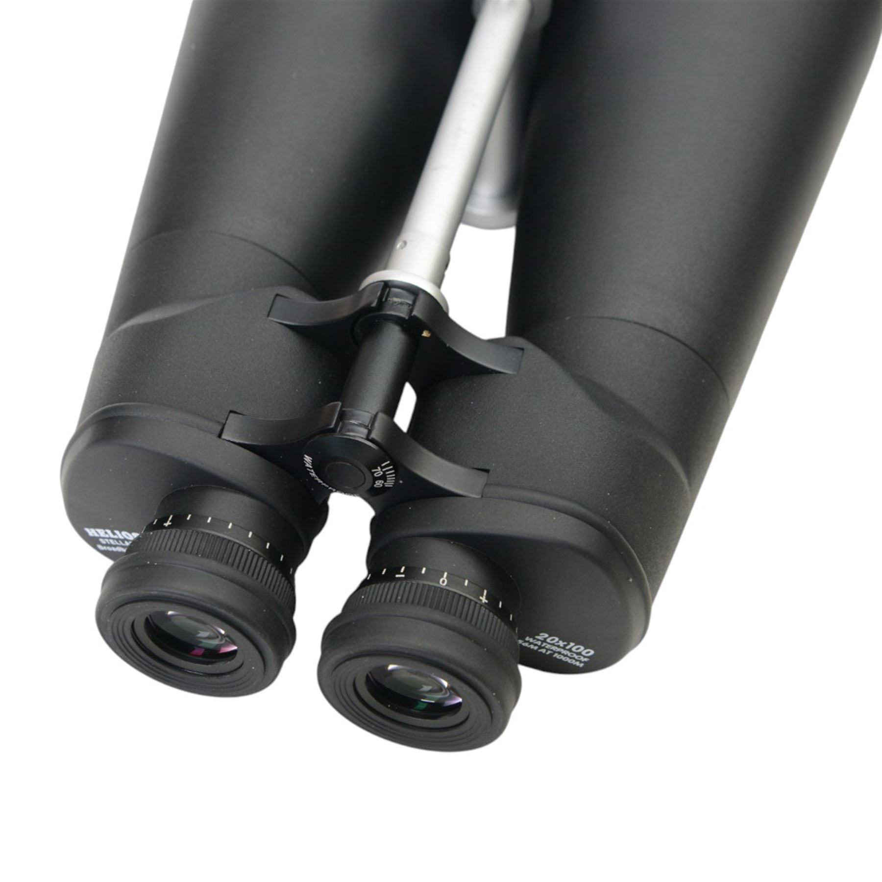 Helios stellar-II 20 x 100 waterproof binoculars, with lens caps and strap, contained within flight case