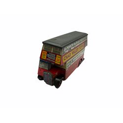 Chad Valley Carr’s Table Water Biscuits London Transport STL446 double decker bus biscuit tin, push-a-long, lithographed red and cream tinplate, No.25 Victoria Station destination, London Transport, Chad Valley Toys and Carr’s Biscuits advertising to sides and lift-off grey lid L25.5cm high