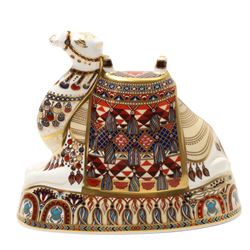 Royal Crown Derby Camel paperweight, silver stopper, red printed mark 