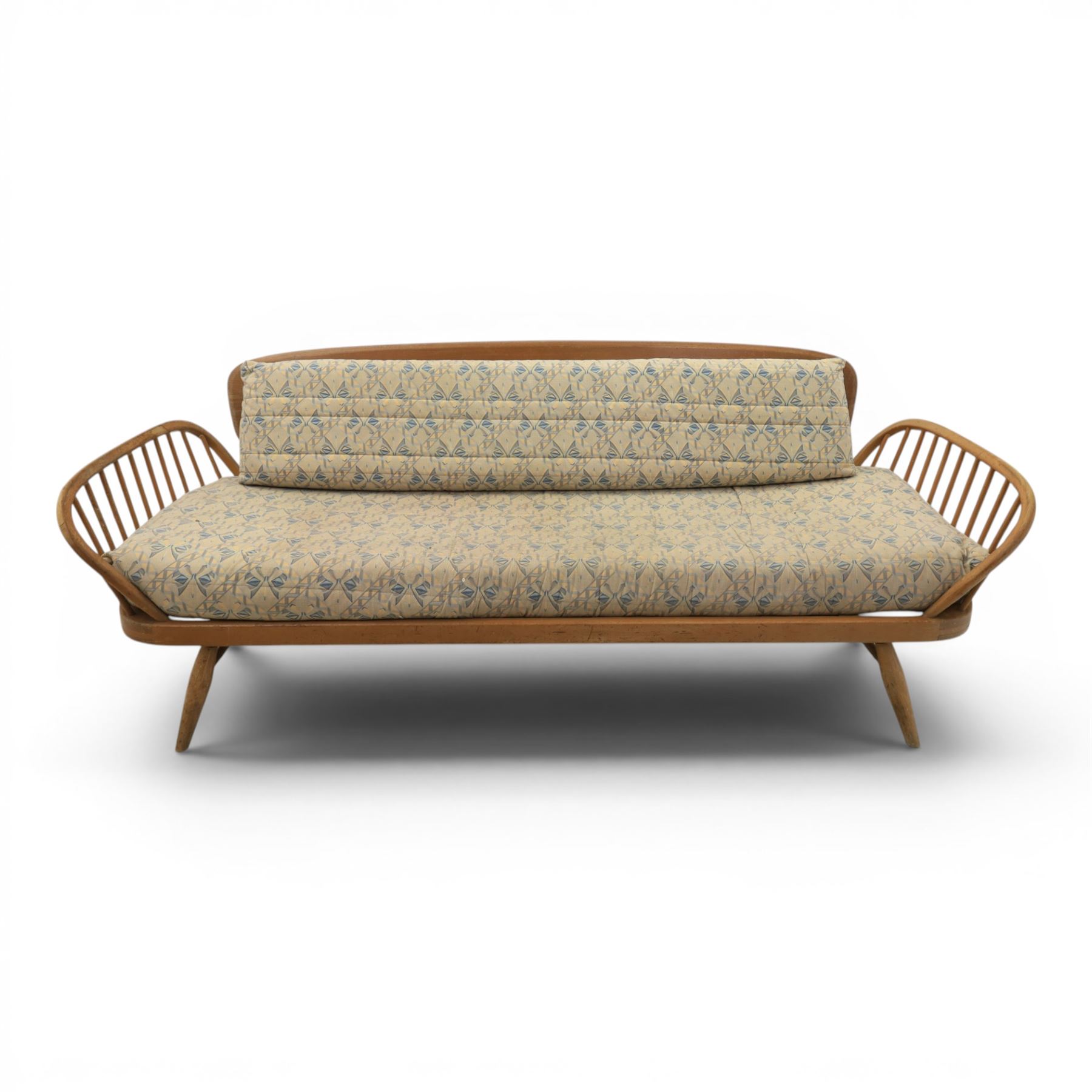 Lucian Ercolani for Ercol - 'Studio Couch' model no. 355, elm and beech framed, with loose geometric cushions
