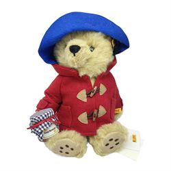 Steiff - Modern Paddington Bear circa 2007 with blue hat, red jacket and jar of marmalade, H29cm; with card label and button with tag in left ear 