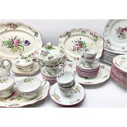 Matched Copeland Spode, Spode and French Luneville and Marlborough Sprays pattern dinner and tea wares, comprising two tureen and covers and apple finials, two sauce tureen and covers with pear finials and fixed stands, six graduated platters including two pairs, large plate, thirteen dinner plates, twelve bowls, ten smaller bowls, eight side plates, eleven smaller side plates, teapot, twin handled sucrier and cover with apple finial, open sucrier, cream jug, smaller cream jug, four breakfast cups, eight tea cups, four large saucers, eleven smaller saucers, and nine further smaller saucers. 