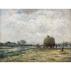 William Kay Blacklock (British 1872-1944): Loading the Hay Carts, oil on board signed, inscribed and dated 1917 verso 21cm x 27cm