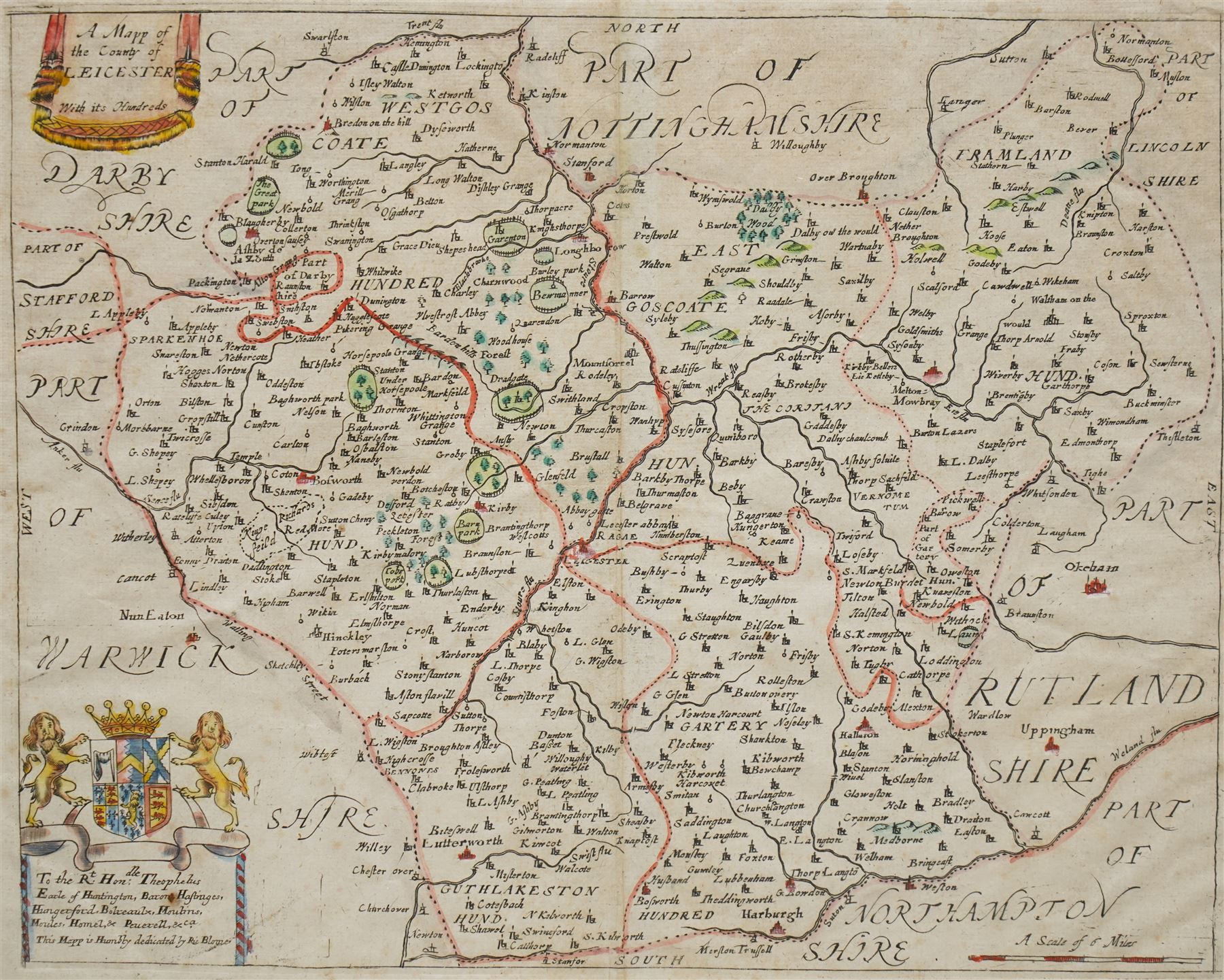 Richard Blome (British 1635-1705): 'A Mapp of the County of Leicester with its Hundreds', 18th century map with hand-colouring pub. c.1673; 
Robert Morden (British c.1650-1703): 'Northamptonshire' and Suffolk', two 17th/18th century engraved maps with hand-colouring together one other similar max 36cm x 42cm (4)