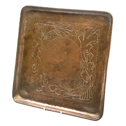 Herbert Dyer (1898-1974), an Arts and Crafts hammered copper tray, of square form decorated with fish, stamped H. DYER to lower right corner, 28cm x 28cm