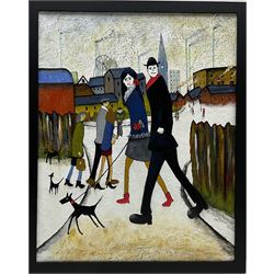 John Hanley (Northern British 1947-): 'Walking the Dog', oils and acrylic ink on canvas, signed and titled verso 50cm x 40cm 