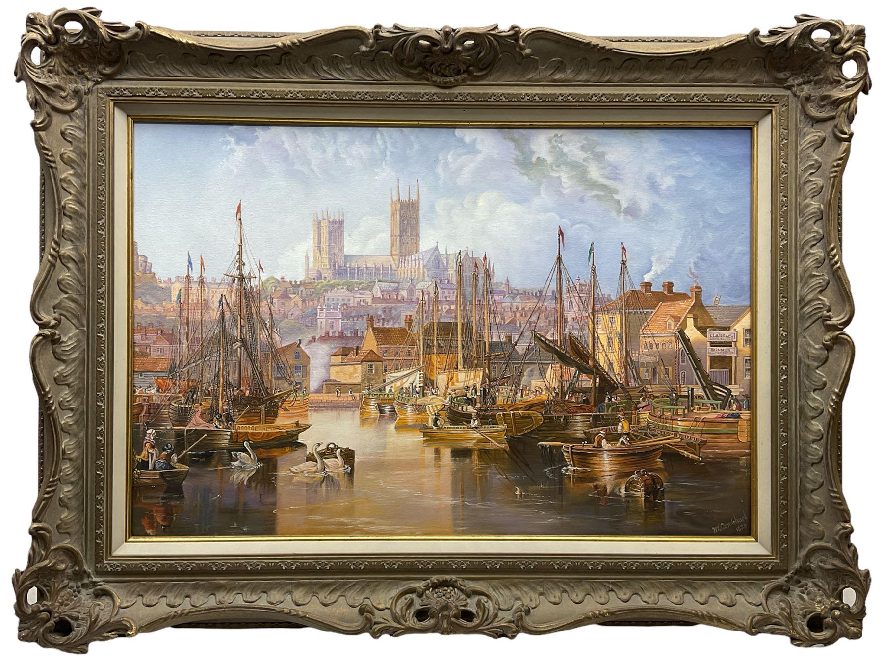After John Wilson Carmichael (British 1800-1868): 'The Brayford Pool and Lincoln Cathedral', oil on canvas inscribed 49cm x 74cm
