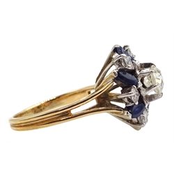 18ct gold diamond and sapphire ring, the central old cut diamond of approx 0.75 carat, with round brilliant cut diamonds and marquise cut sapphires