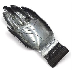 Modern Guild of Hull Silversmiths oxidised silver caddy spoon, modelled as an outstretched hand with engraved wristwatch to wrist and inset turquoise cabochon to finger, hallmarked Charles Richard Berkin of Beverley, London 1987, also marked with the three crowns mark of the Guild of Hull Silversmiths, L 8.7cm, approximate weight 0.89 ozt (27.9 grams)

Abraham Barachin was the last Hull silversmith to use the Hull mark of three ducal coronets in around 1706. 
However in 1983 the Assay Offices of Great Britain and the City of Kingston upon Hull granted the Guild of Hull Silversmiths permission to use the City's Coat of Arms as an additional mark on pieces they produced. 