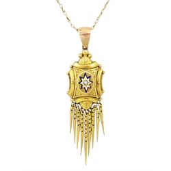 Victorian 18ct gold tassel pendant, applied star set with a single seed pearl and blue ena...