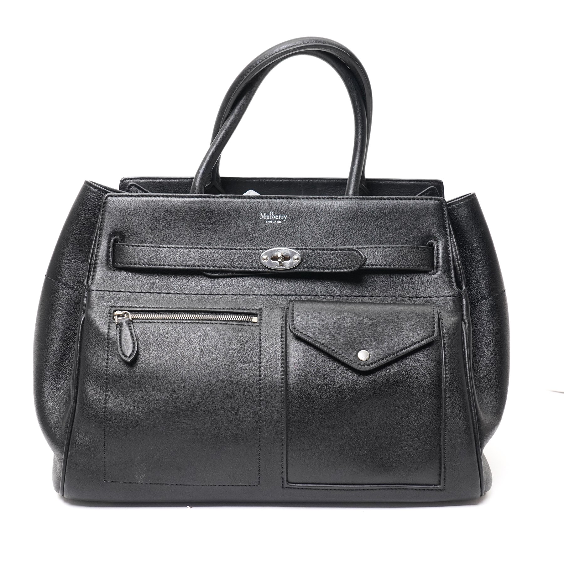 Mulberry - Belted Bayswater with Strap handbag in black Silky Calf leather, with twin rolled top handles, silver-tone hardware, belted side fastening, front zip pocket and envelope-form slip pocket, with original Mulberry product tag and dust bag