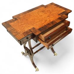 Early 19th century Regency burr elm work table, rosewood crossbanded top with notched corners above shaped end supports united by a turned stretcher, on brass paw feet and castors, stamped W Mason on lower turning