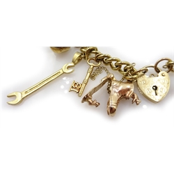 Gold charm bracelet, with fifteen gold charms, all 9ct hallmarked or tested, approx 46.3gm