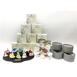 Six Royal Doulton Pretty Ladies figures, comprising Rebecca, Belle, Deborah, Jennifer, Jessica, and Lauren, with display stand, together with ten Royal Daulton Miniature Ladies figures, Ninette, Christine, Rachel, Elizabeth, Margret, Karen, Elaine, Victoria, Jane, and Susan, with display stand, all with boxes. 