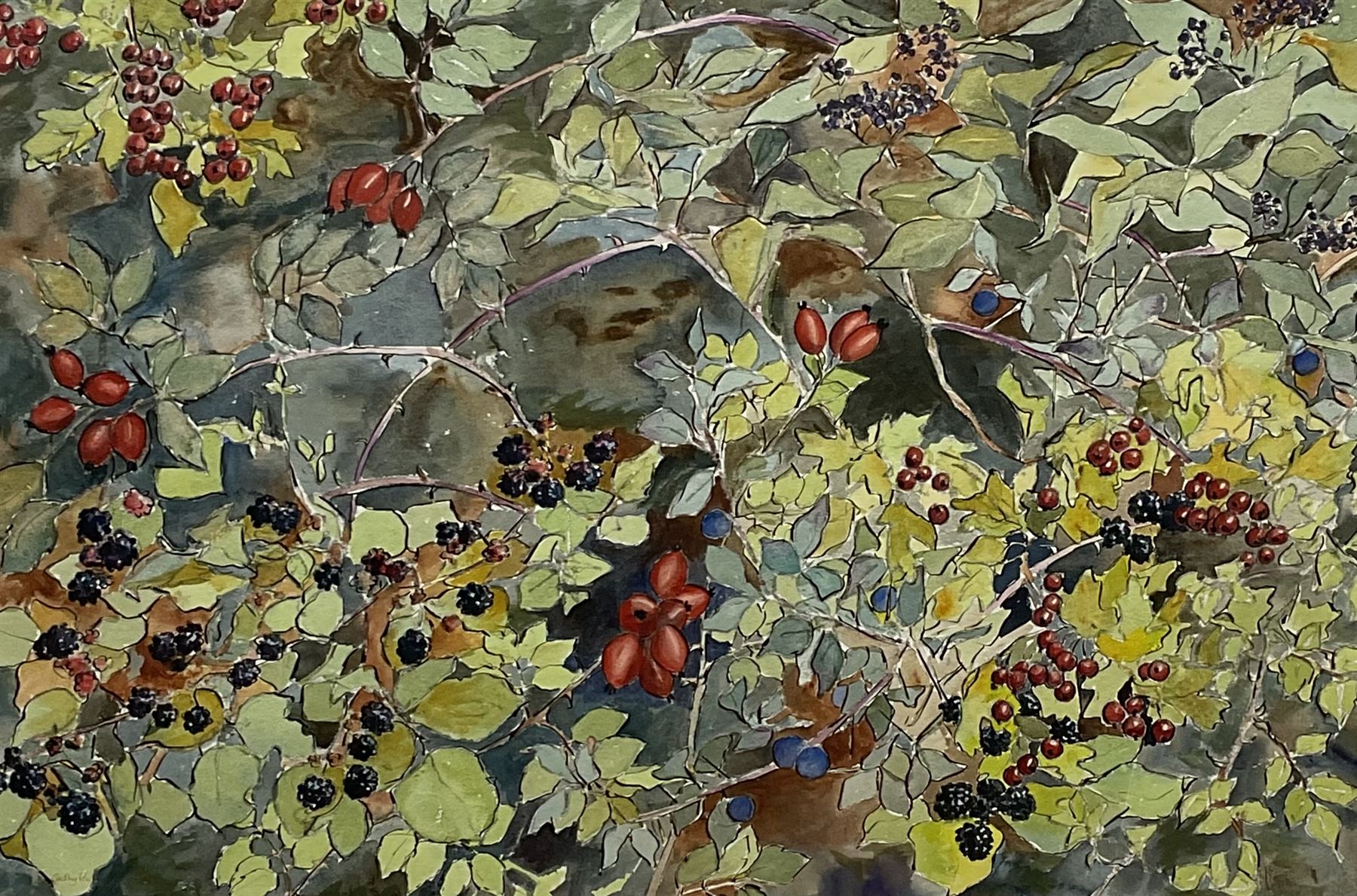 Cathy Parker (British contemporary): 'Hedgerow', watercolour acrylic and pencil signed, labelled verso 49cm x 74cm