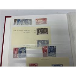 King George V Silver Jubilee stamps 1910-1935 including Bermuda marginal mint block of four, Virgin Islands marginal mint blocks of four including variations/errors, other similar blocks of four etc, various Royal Silver Wedding 1948 stamps, King George VI Victory 8th June 1946, Queen Elizabeth II Coronation etc, housed in a stockbook