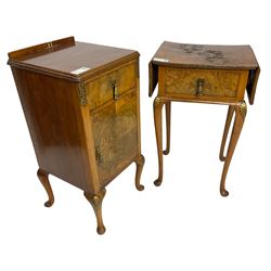Early 20th century figured walnut bedside cabinet, fitted with single drawer over cupboard, on cabriole supports (W37cm D38cm H79cm); with matching side table, rectangular drop-leaf top over single drawer, on cabriole supports with scallop decoration (W46cm H72cm) (2)