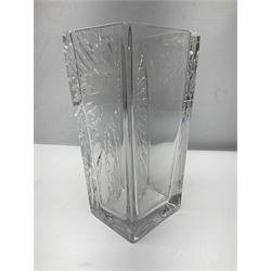Daum clear crystal glass vase of square sleeve form decorated with stylised sunburst motif, engraved signature to the reverse H25cm