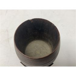 Treen miniature barrel with brass plaque entitled 'From the Teak of HMS Iron Duke Admiral Jellicoe's Flag Ship Jutland 1916' H17cm