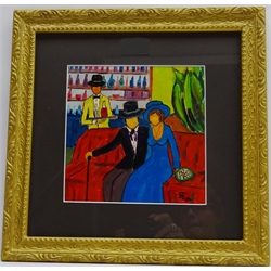  'Figures in a Restaurant on the Cote d'Azur', oil on board signed and dated '79 by Boris Pavlov (Russian 1928-2005), inscribed with artist's stamp verso 19cm x 19cm  Provenance: with Kunsthandel Fermen, from the artist's estate with certificate verso       