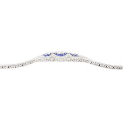 Art Deco platinum diamond and sapphire target design bracelet, five old cut diamonds, surrounded by calibre cut sapphires and old cut diamonds, all milgrain set, to a graduating old cut diamond and polished articulated rectangular link bracelet, the sides with engraved foliate decoration, French import mark, principal diamond approx 0.45 carat