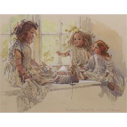 Geoffrey H Robinson (British 1925-): 'Pre-study for Sitting Pretty' - Dolls on a Windowsill, watercolour and pencil signed and titled 36cm x 47cm