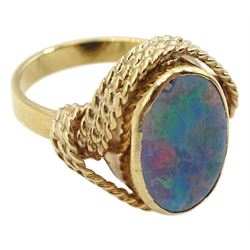 Gold oval opal doublet ring with rope twist design gallery, stamped 9ct
