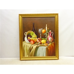  Gregori (Lysechko) Lyssetchko (Russian 1939-): Still Life of Pewter Goblet Candlestick Coffee Pot and Fruit, oil on canvas signed and dated 2000, 63cm x 53cm  DDS - Artist's resale rights may apply to this lot  