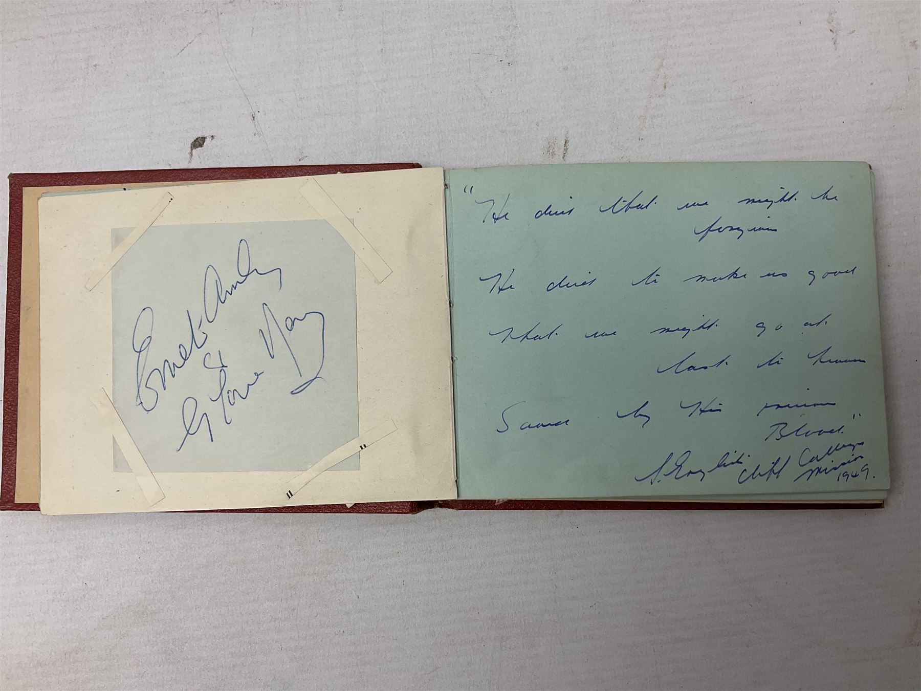Mid 20th century autograph book, to include autographs from Beverley Sisters, Reg Varney, Ronnie Verrell, Betty Mitchell, etc, poems and verses etc