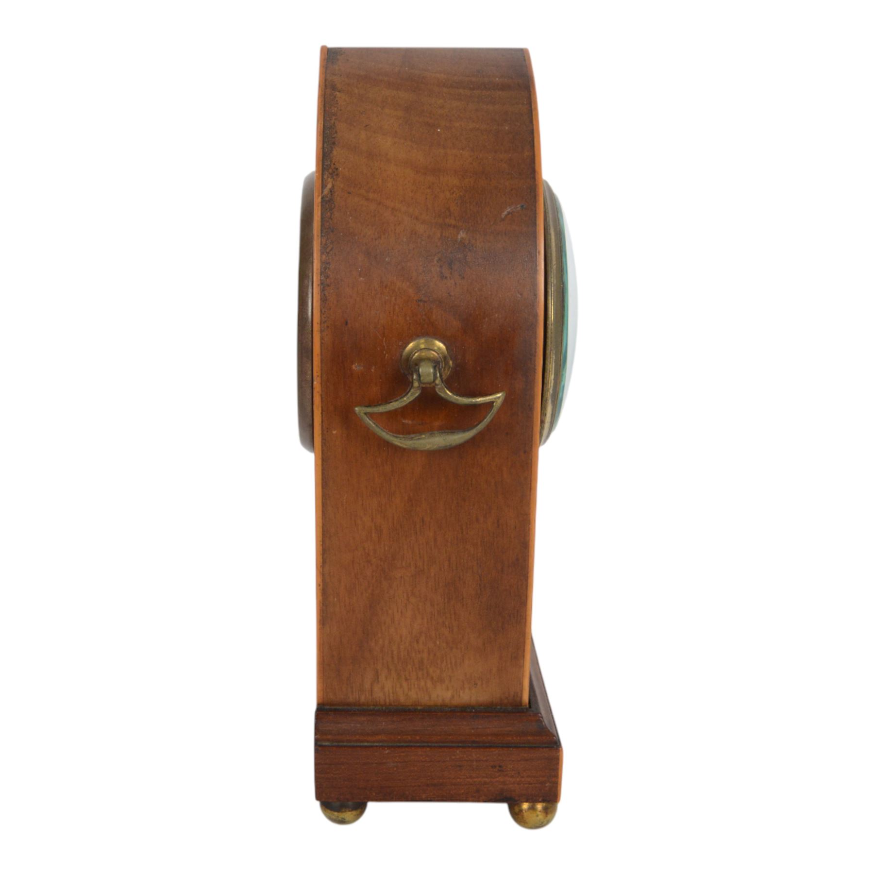 Edwardian painted mahogany lancet clock, arched case with brass side handles, 8-day movement stamped with Richard & Co logo and brass back cover, enamelled dial with Roman chapters, brass hands, glass bezel, arched case with brass side handles on brass bun feet, dial chipped, with winding key 