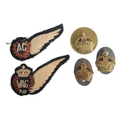 RAF scarce cloth embroidered Wireless Operator Air Gunner brevet and Air Gunner, together with wireless operator patch, eagle shoulder patch and three flight sergeant crowns 