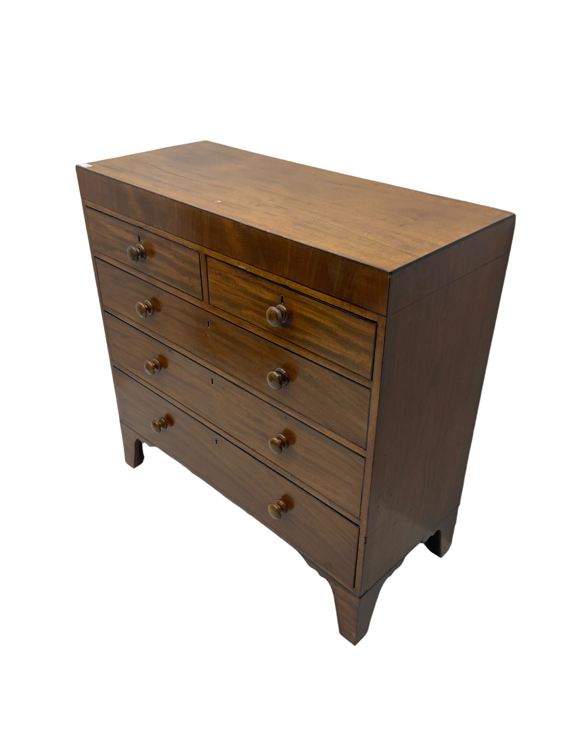 19th century straight-front chest, rectangular top with ebony strung edge, crossbanded frieze over two short and three long graduating drawers with ebony stringing, raised on bracket feet