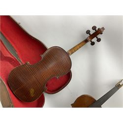 French violin for restoration with 36cm two-piece maple back and ribs and spruce top, bears label 'Lutherie Artistique M. Couturieux'; in wooden case; two modern three-quarter size violins in cases; and five violins for spares or repair