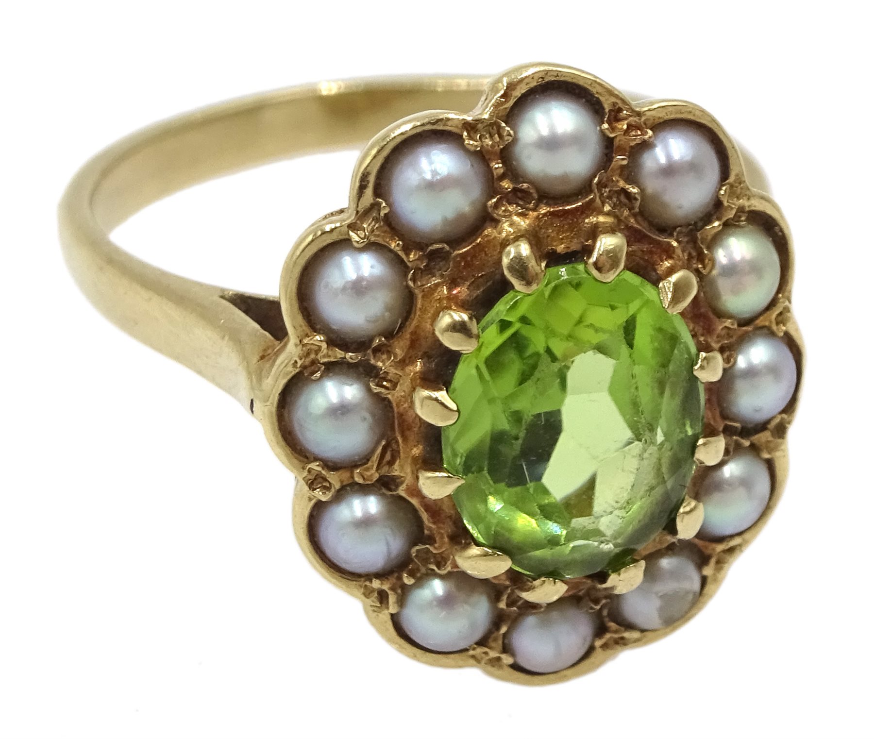 9ct gold oval peridot and split pearl cluster ring