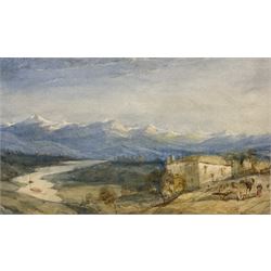 J Tucker (Early 19th century): The Alps with Farmhouse and Figures in the foreground, watercolour signed 13cm x 22cm
Provenance: with Sabin Galleries, Cork Street, London, label verso
