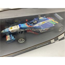 Three Minichamps 1:18 scale die-cast racing cars - Bar 01 Supertec R. Zonta 1999; Benetton b197 Renault G. Berger; and Benetton F1 G. Fisichella; all boxed (3)